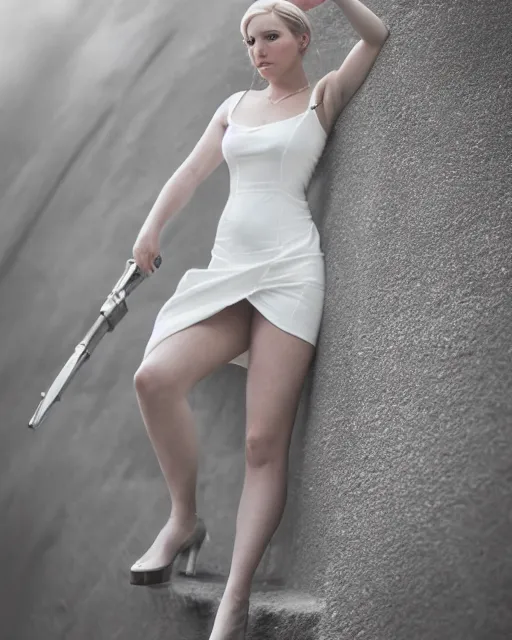 Image similar to 2 8 mm portrait of gorgeous emily skinner cosplaying annie leonhart wearing tight white dress, pale skin, rule of thirds, cinematic lighting, sharp focus, backlit, stunning, smooth, hard focus, glamour pose, full body shot, octane 8 k, higly detailed