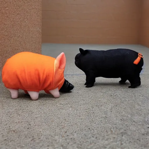 Image similar to cute mini pig wearing orange inmate clothes