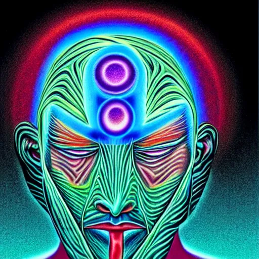 Prompt: Sneeze in the art style of Alex Grey,