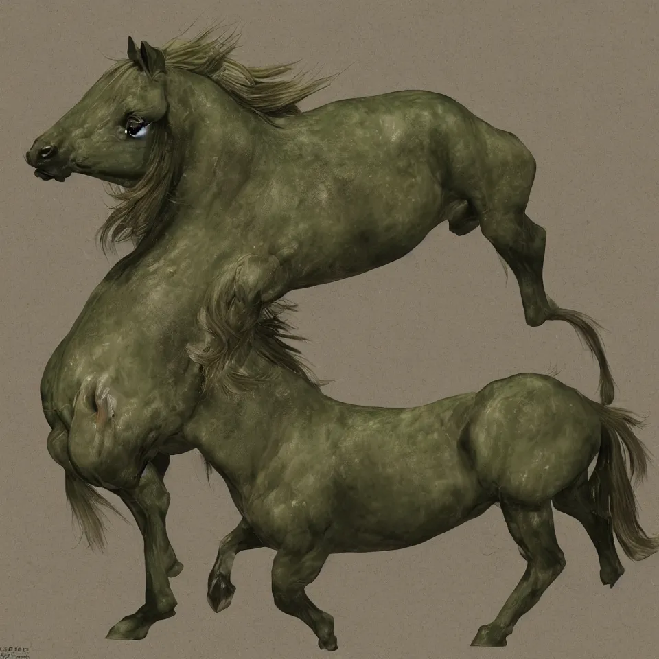 Prompt: an olive green plague horse of the Chinese zodiac, hyperrealistic textures, award-winning digital art on Pixiv, trending on Artstation