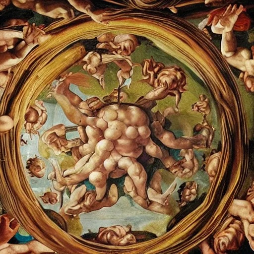 Prompt: realistic biblical painting of the flying spaghetti monster, on the ceiling of the sistine chapel, painted by michaelangelo