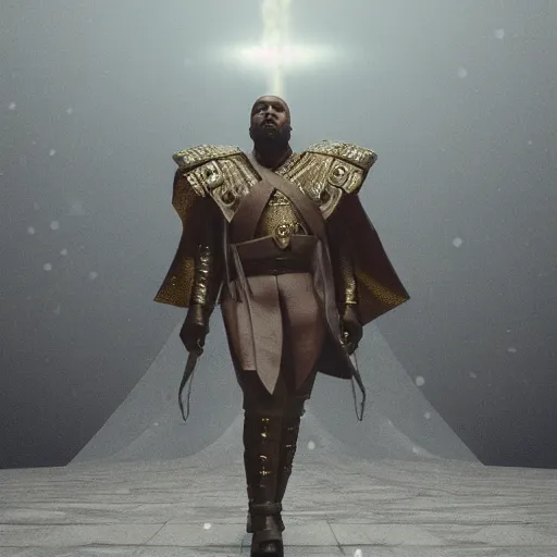 Image similar to kanye west as emperor napoleon in elden ring, splash art, movie still, cinematic lighting, dramatic, octane render, long lens, shallow depth of field, bokeh, anamorphic lens flare, 8 k, hyper detailed, 3 5 mm film grain