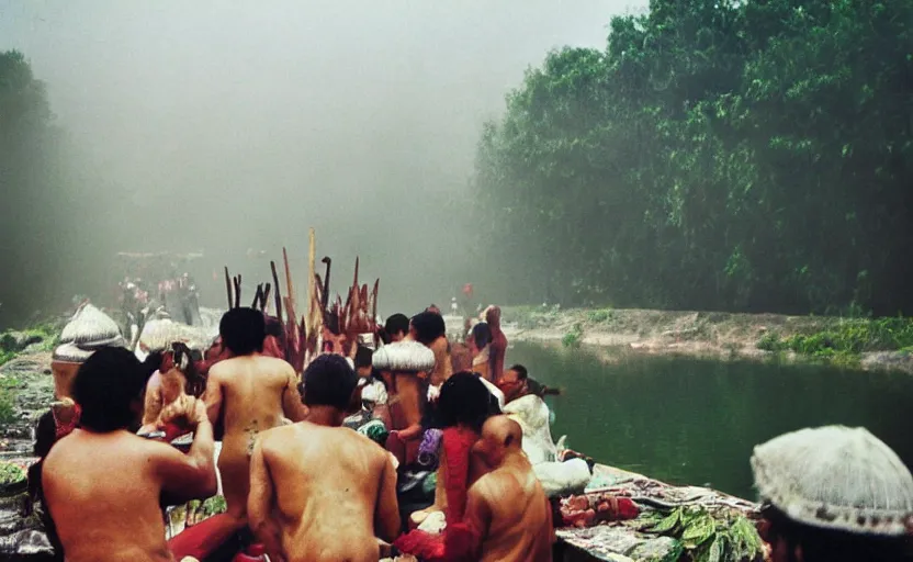 Prompt: a misteriuos colored old film photography of people doing an aztec ritual, xochimilco river, hazy, humid, photorealistic,