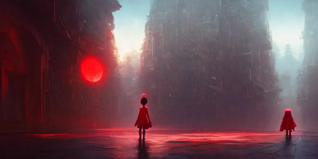 Prompt: a lost city with a loli in red standing in the middle of the road, 4 k resolution, ultra detailed, matte oil painting, mysterious, artstation, art by greg rutkowski