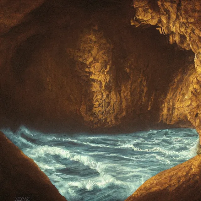 Prompt: photorealistic sepia painting of a jamaican sea cliff with the mouth of a sea cave at the waterline, dark, brooding, atmospheric, lovecraft, by dave dorman