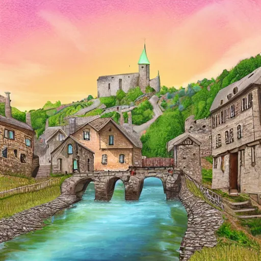 Prompt: digital painting of a picturesque small medieval town on a sunny day with stone buildings nestled at the foot of a tall mountain by a river with a bridge crossing into a dark forest.