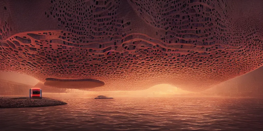 Image similar to An epic architectural rendering of a blob shaped trypophobia house with a mysterious red glow emitting from inside in a modern cityscape next to a river, by Zaha Hadid and Greg Rutkowski, tunning, gorgeous, golden ratio, photorealistic, featured on artstation, 4k resolution