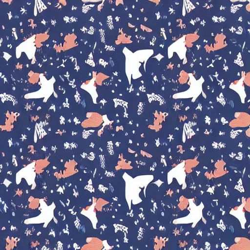 Image similar to A beautiful fabric pattern texture, of foxes playing in a forest at night, blue dark sky with stars, typographics art, by James Jean