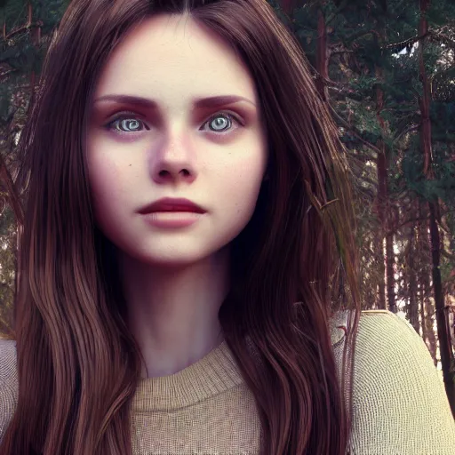 Image similar to real life photo of a beautiful girl, full body photoshoot, long brown hair, brown eyes, full round face, short smile, belly free, brown sweater, forest setting, cinematic lightning, medium shot, mid - shot, highly detailed, trending on artstation, unreal engine 4 k, 8 0 mm, 8 5 mm, cinematic wallpaper