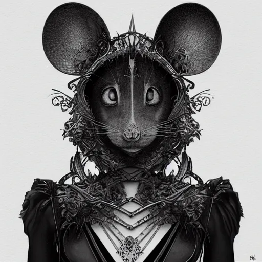 Image similar to a photograpic portrait of a anthropomorphic mouse wearing black clothes, black hair, grey skin, grey mouse ears, fantasy, intricate, elegant, highly detailed, digital painting, artstation, smooth, sharp focus, illustration, art by artgerm and H R Giger and alphonse mucha