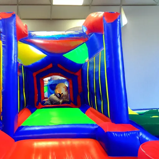 Image similar to a darkly lit indoor children's bounce house photo taken with a deposable camera limital space