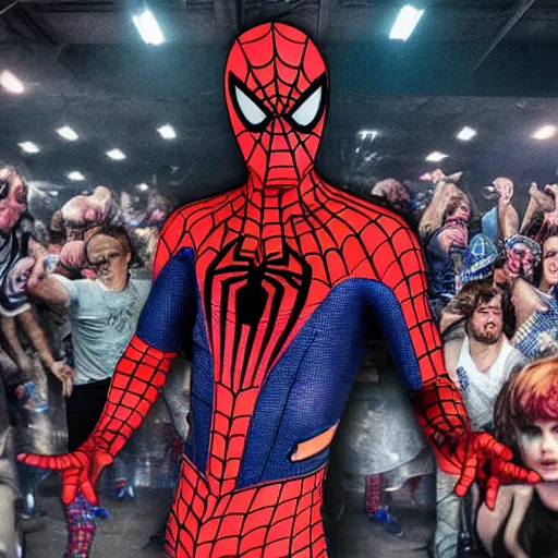 Image similar to Spiderman goes to a rave party and drink himself till he collapse, Spiderman drinks Viking Fjord vodka straight from the bottle, Spiderman in the moshpit, Realistic, HDR, HD, Real Event, 8K,