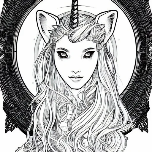 Prompt: clean simple line art of a cute beautiful unicorn. no background. well composed, clean coloring book page. coloring book line art by artgerm and greg rutkowski and alphonse mucha