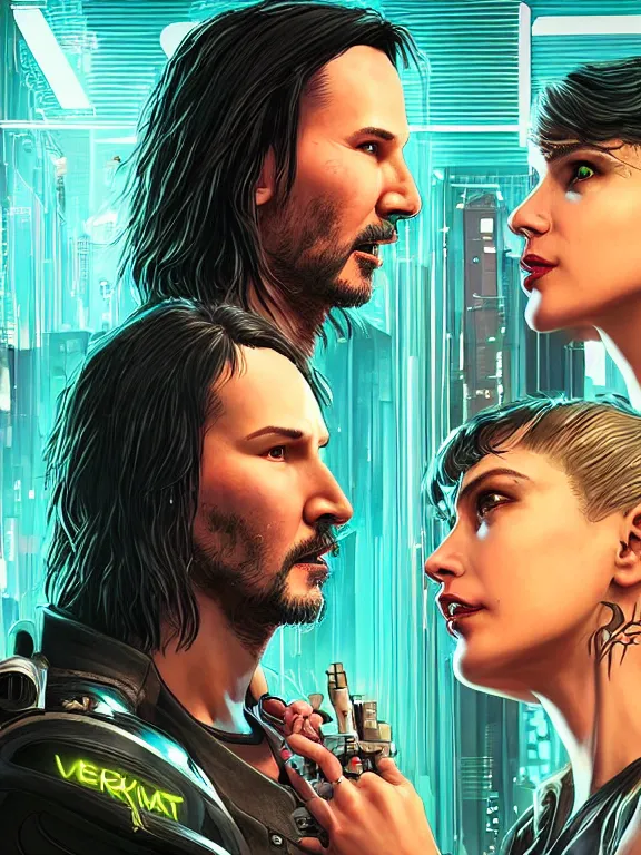 Image similar to a cyberpunk 2077 couple portrait of Keanu Reeves and V began a love story used lots of electric cable connected to giant computer,film lighting,by laurie greasley,Lawrence Alma-Tadema,William Morris,Dan Mumford,trending on atrstation,FAN ART,full of color,Digital painting,face enhance,highly detailed,8K, octane,golden ratio,cinematic lighting