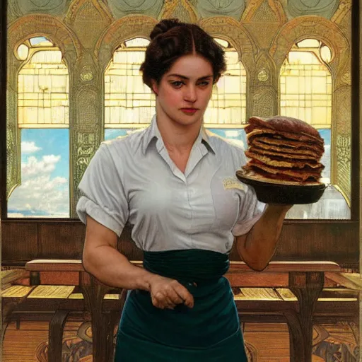 Prompt: epic portrait an muscular waitress wearing short sleeved uniform and carrying food, goddess, detailed, centered, digital painting, artstation, concept art, donato giancola, Dante Gabriel Rossetti, alphonse mucha, Joseph Christian Leyendecker, WLOP, Boris Vallejo, Annie Leibovitz and Steve McCurry, David Lazar, Jimmy Nelsson, Breathtaking, 8k resolution, extremely detailed, beautiful, establishing shot, artistic, hyperrealistic, beautiful face, octane render