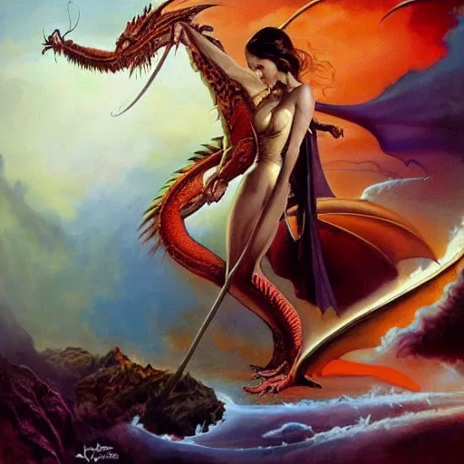 Prompt: woman transforming into a dragon, frank frazetta, boris vallejo, julie bell, fantasy painting, 8 k, hdr, perfect composition, striking color, beautiful artwork
