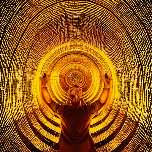 Image similar to vivid illustration of a person choosing between tunnels inside a highly intricate torus with detailed golden ornamentation and golden light, choosing between pathways