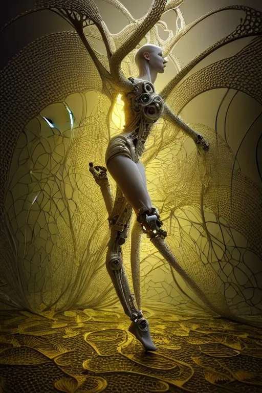 Prompt: intricate hyper detailed ultra sharp 3 d render, unity of mood, biomechanical cyborg ladies dancing, atmospheric, foliage, white large pore fungi, cyberpunk art nouveau, haute couture alexander mcqueen leaves stems dahlia blooming transparent fractal filigree roots, intricate details, octane render, volumetric cinematic lighting, natural beautiful light, yellow infrared, lumiol, 8 k,