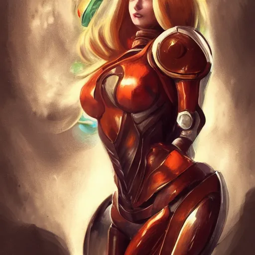 Image similar to portrait of beautiful Samus Aran, League of Legend illustration by Sam Youn:3, profile picture by Gil Elvgren:3, asymmetrical, Organic Painting, Ambient Occlusion:3, Matte Painting, bold shapes, hard edges, street art, trending on artstation, realistic:2 by Rob Rey:5