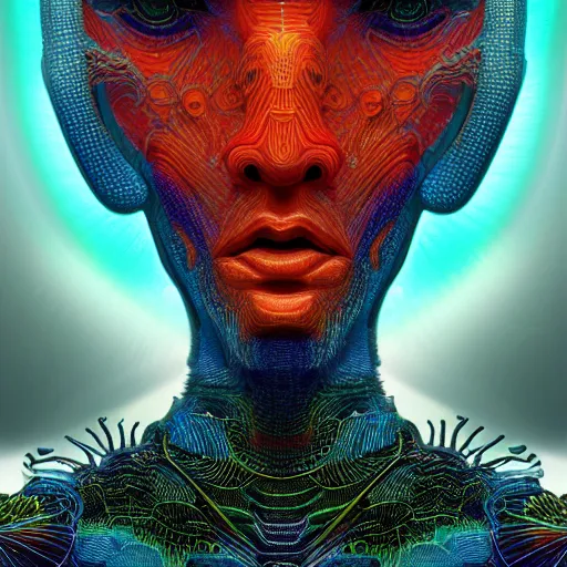 Image similar to Face of a Alien Deity, centered, corals, plume made of geometry, extremly detailed digital painting, sharp focus in the style of android jones, artwork of a futuristic artificial intelligence superstar with frames made of detailed circuits, mystical colors, rim light, beautiful lighting, 8k, stunning scene, raytracing, octane, under water visual distortion, dark tones colors, trending on artstation