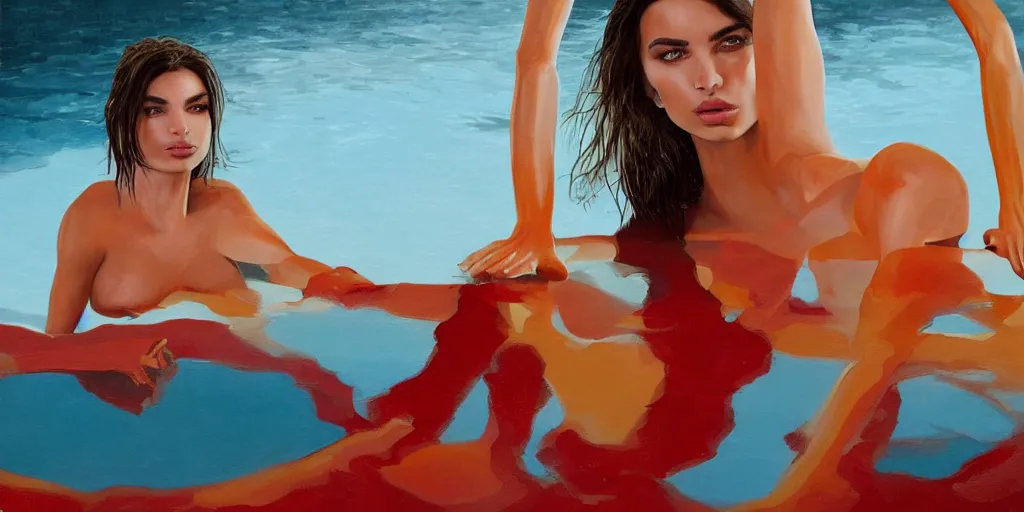 Image similar to Emily Ratajkowski with beautiful face and full body laying in a blood red pool of water between a bright golden glowing mirror frame, outside is space and inside the mirror frame is a beautiful landscape. Hyperrealistic surreal 4K IMAX Rene Margritte intricate, elegant, highly detailed, digital painting, artstation, concept art, smooth, sharp focus, illustration, art by artgerm and greg rutkowski and alphonse mucha