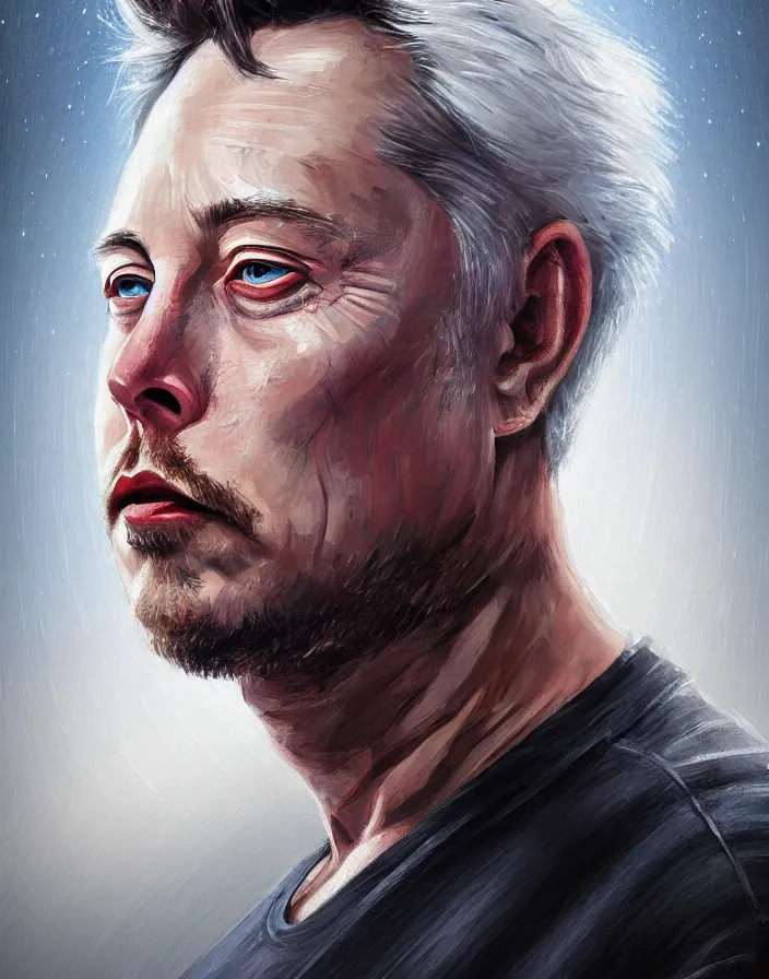 Image similar to painted portrait of rugged elon musk, asymmetrical, god of thunder, greek god, white hair, masculine, mature, handsome, upper body, muscular, hairy torso, fantasy, intricate, elegant, highly detailed, digital painting, artstation, concept art, smooth, sharp focus, illustration, art by steven zabata