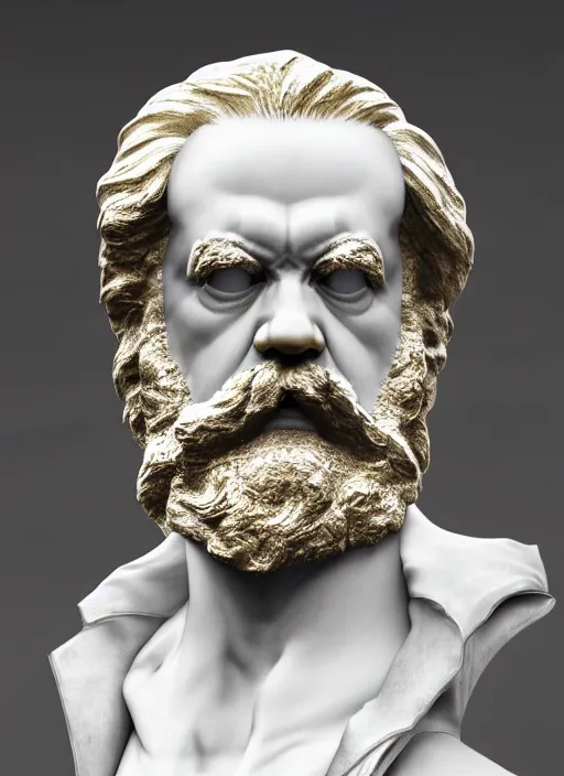 Image similar to a statue made of white marble with gold veins, of karl marx, transhumanism, full body shot, perfect symmetrical body, perfect symmetrical face, hyper realistic, hyper detailed, by johannen voss, by peter kemp, by monia merlo, by michelangelo, by ernst haeckel, by alex grey, octane render, blender, 8 k