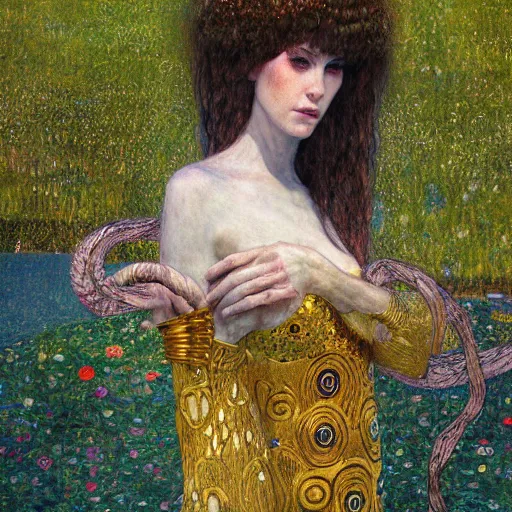 Prompt: A gorgon near a lake, elegant, highly detailed, digital painting, artstation, concept art, smooth, sharp focus, illustration by Gustav Klimt