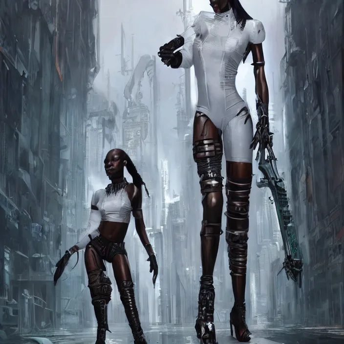 Image similar to african domme mistress, full body, tribal cyberpunk, rubber and latex, postapocalyptic, smooth white surroundings, smooth, high tech, concept art, realistic painting, digital art by greg rutkowski, by alex grey