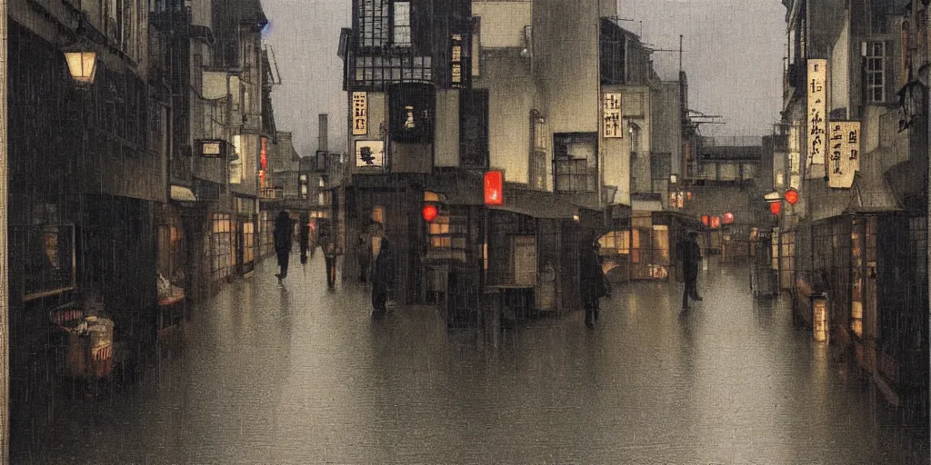 Image similar to a typical japanese city street in the rain, vermeer painting, dark academia aesthetic, matte painting