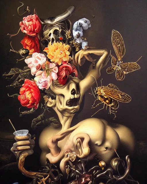 Image similar to refined gorgeous blended oil painting with black background by christian rex van minnen rachel ruysch dali todd schorr of a chiaroscuro portrait of an extremely bizarre disturbing mutated man made of still life flowers and rubber insects with shiny skin acne dutch golden age vanitas intense chiaroscuro cast shadows obscuring features dramatic lighting perfect symmetry perfect composition masterpiece