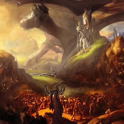 Prompt: highly detailed portrait, earthly battlefield, with gods battling in the skies as humans cower in caves, john milton, paradise lost, cinimatic composition, sharp details, beautiful lighting, hyper realistic