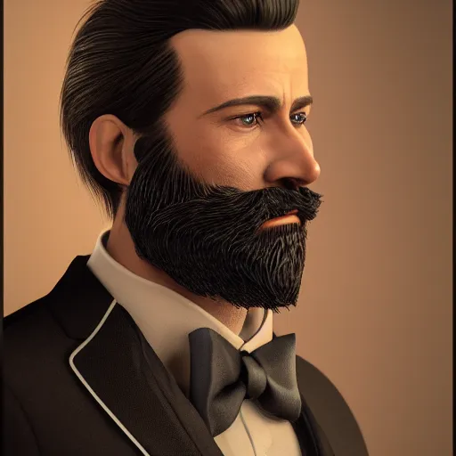 Prompt: a highly detailed portrait of a man, with a medium brown beard and hair, blue eyes, wearing a tuxedo, artstation, deviantart, professional, octane render