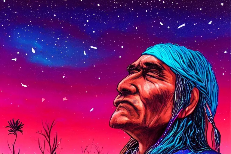 Image similar to digital art of a spiritual native american man looking up at the stars, acrylic art, universe, painting, pastel colors, synthwave, retro, cyberpunk,