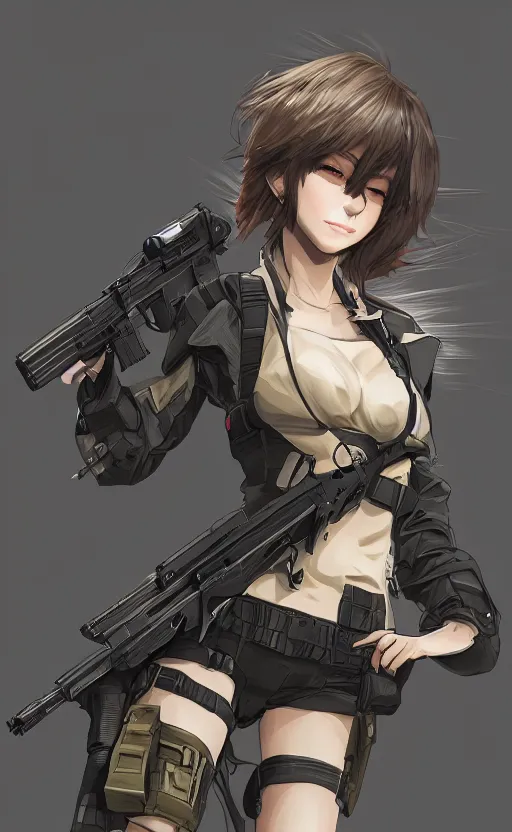 Image similar to highly detailed, high resolution, character design art, stunning, volumetric lightning, realistic guns, girls frontline style, matte, sharp focus, intricate, 1 5 0 mm, illustration, artstation, by kuvshinov ilya, realistic human anatomy, simple design, realistic military gear, metal gear style