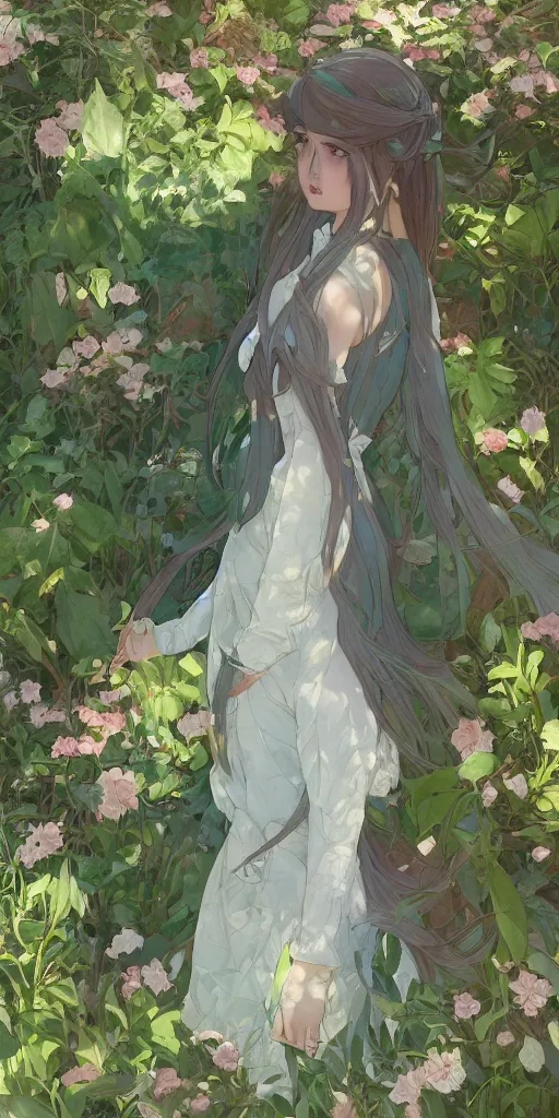 Image similar to a digital art of a loli with long hair in a dress in the privet garden at after noon, green and warm theme, back lighting, by krenz cushart and mucha and akihito yoshida and greg rutkowski and makoto shinkai, geometric shapes, hard edges, extremely long shot, detailed eyes, 4 k resolution, trending on art station