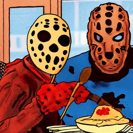 Image similar to Jason voorhees eating pancakes with Freddy Krueger