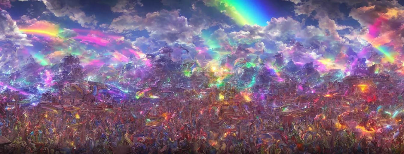 Image similar to a zoomed out panoramic view an army of rainbow soul army calvary screaming into the battlefield. hyperrealistic anime background illustration by irakli nadar, colorful, extremely detailed intricate linework, smooth, super sharp focus, bright colors, high contrast, matte, octopath traveler, unreal engine 5 highly rendered, global illumination, radiant light