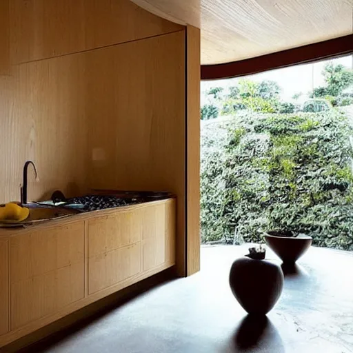 Image similar to “extravagant luxury modern kitchen, interior design, natural materials, fresh flowers in a vase, a fruit bowl, by Tadao Ando and Koichi Takada”