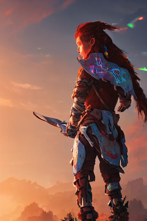 Image similar to combination suit armor aloy horizon forbidden west horizon zero dawn radiating a glowing aura global illumination ray tracing hdr fanart arstation by ian pesty and alena aenami artworks in 4 k tribal robot ninja mask helmet backpack