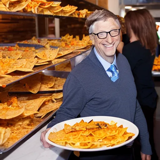 Prompt: bill gates smiling down at a huge plate of cheesy nachos, candid photography