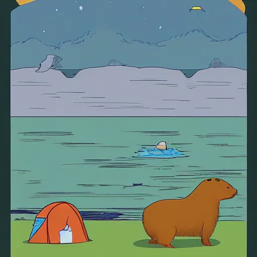 Image similar to capybaras camping on the seaside by yuga labs and by matt groening