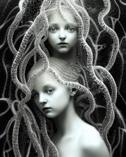 Prompt: surreal mythical dreamy underwater artistic black and white photo of a translucent beautiful young female angelic - medusa - vegetal - doll covered with fish scales, highly detailed, intricate crystal ivy jelly fish scales ornate, poetic, translucent algae ornate, digital art, octane render, 8 k artistic photography, photo - realistic, by dora maar in the style of gustave dore