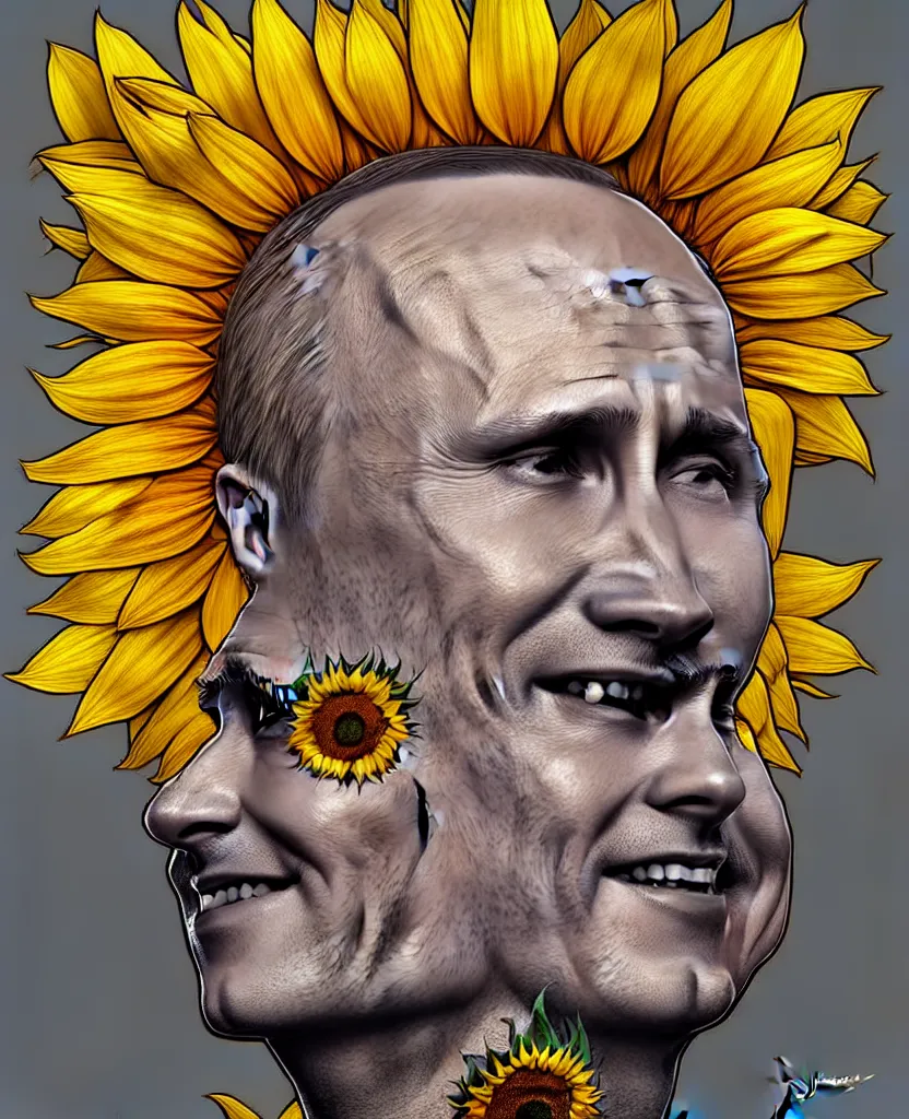 Image similar to digital art, centered full body of Putin smiling king, Sunflower crown, ,intricate, veins, by James Jean and by artgerm , by ross tran ultradetailed, charachter design, concept art, trending on artstation,