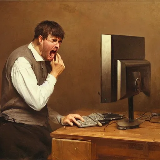 Image similar to an angry man yells at his computer monitor, oil on canvas, 1 8 8 3, highly detailed, high resolution