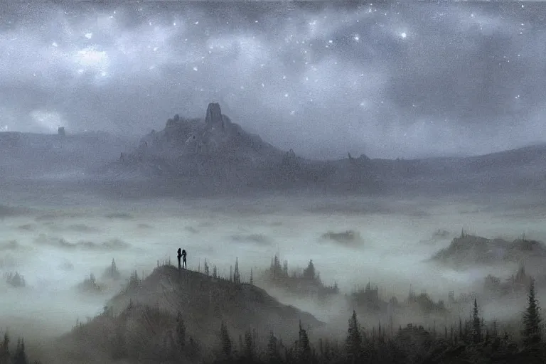 Prompt: Haunting horrifying hyperrealistic detailed painting of an ultrawide landscape showing a tall pale man sitting atop a mountain of humans in a foggy hellscape with spread out lakes of cerulean blue gelatinous liquid reflective and goop, eyeballs bulging, stars in the sky, a galaxy in the sky, dystopian feel, heavy metal, disgusting, creepy, unsettling, in the style of Michael Whelan and Zdzisław Beksiński, lovecraftian, hyper detailed, trending on Artstation