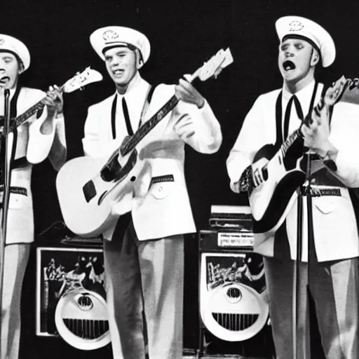 Image similar to 1 9 6 0 s photograph of a group of 4 white males performing rock music live on tv, dressed in peppermint themed sailor outfits with wide brim hats, tv studio