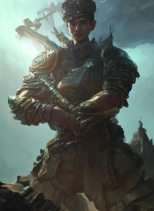 Image similar to portrait of man holding a scepter with a tank in the background, d & d, heartstone, digital painting, volumetric light, intricate, sharp, focus, bloom, illustration, highly detailed, concept art, matte, ruan jia, randy vargas, greg rutkowski