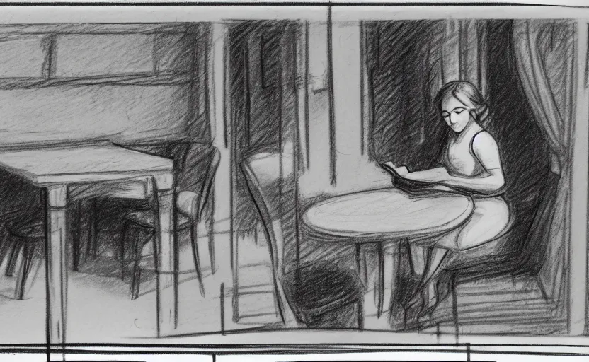 Image similar to pencil sketch. storyboard panel. young woman sitting at a table. reading a newspaper. extremely detailed. 4 k.