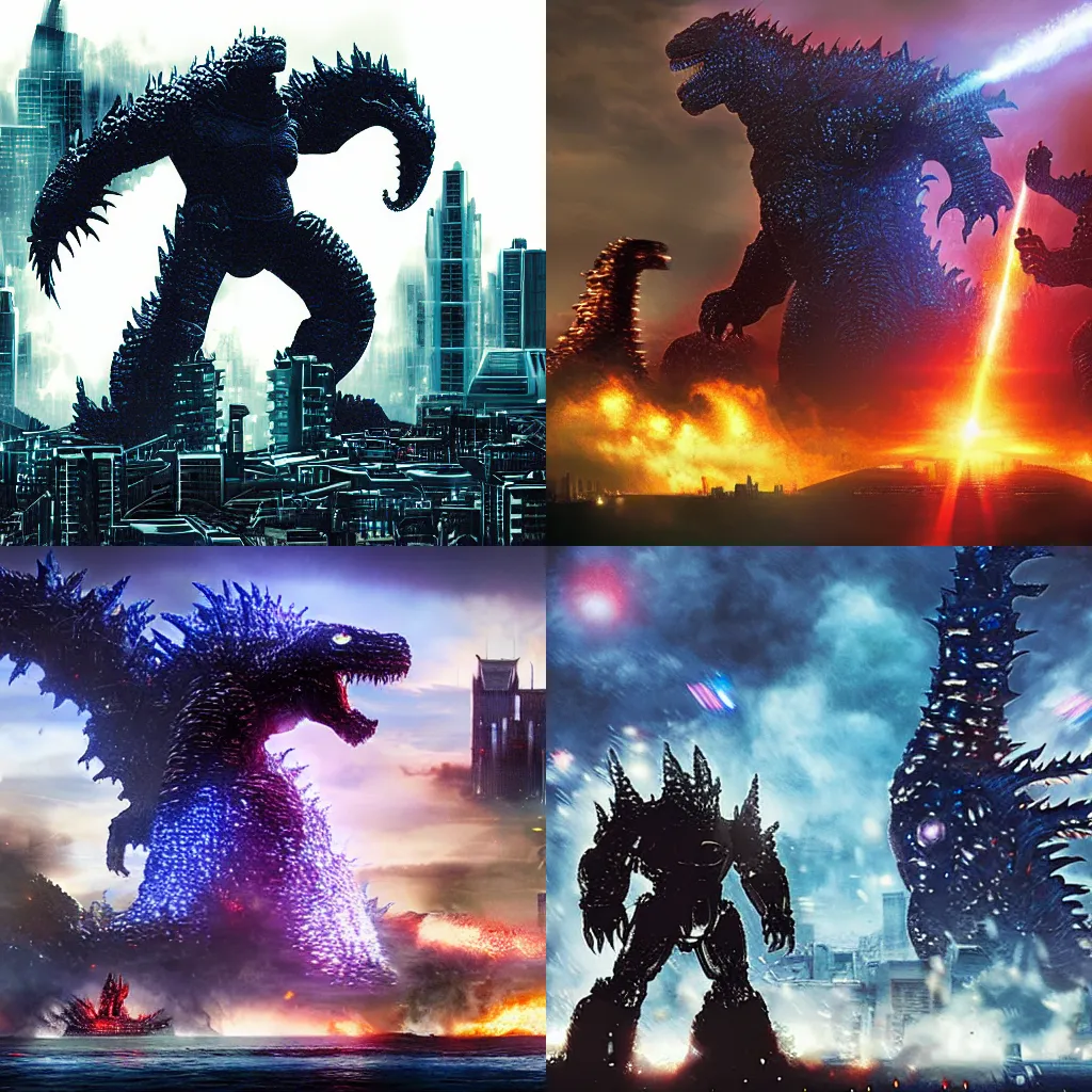 Prompt: godzilla versus giant chrome rgb battle mech over a metropolis